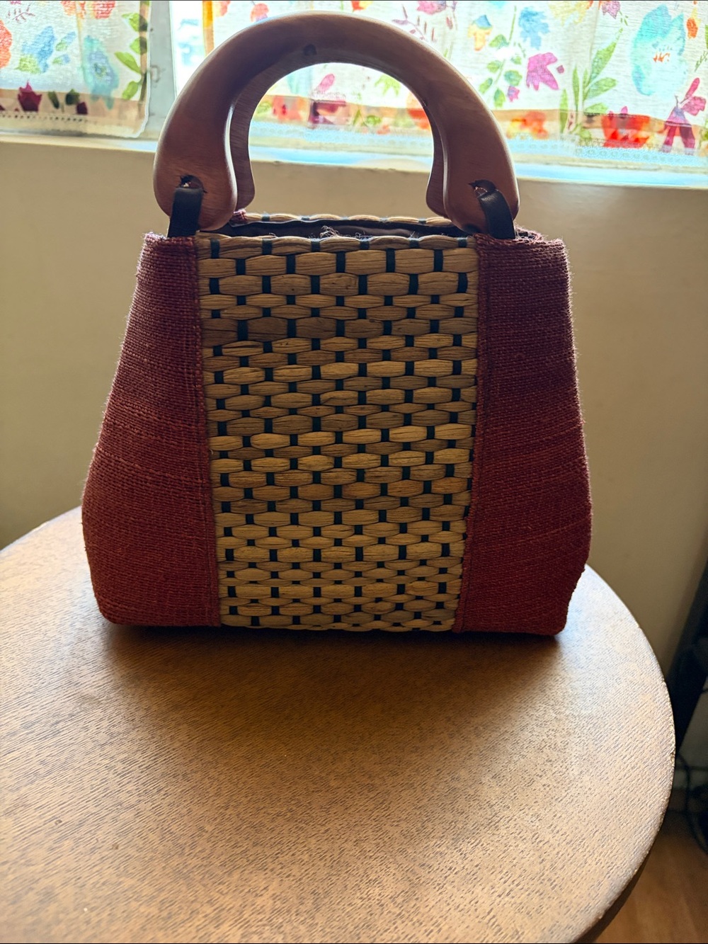 Woven Straw Tote with Red Fabric Panels and Wooden Handle